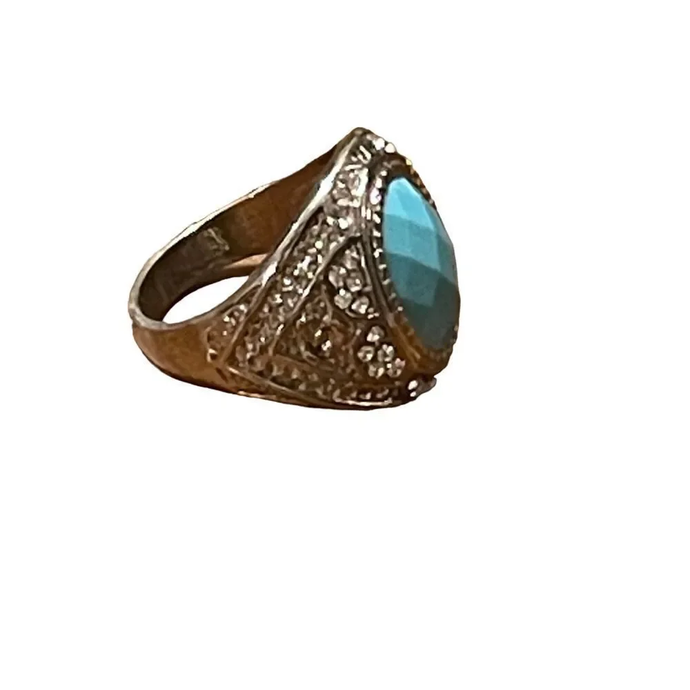 Costume jewelry silver tone ring with turquoise color acrylic center stone